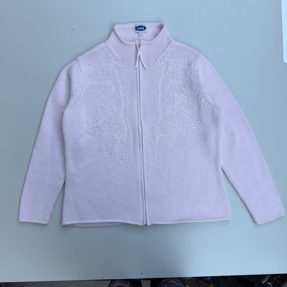 Vintage Tabi Pink Zip Knit Cardigan Sequins Embroidery Coquette Mock Neck M - Picture 8 of 10